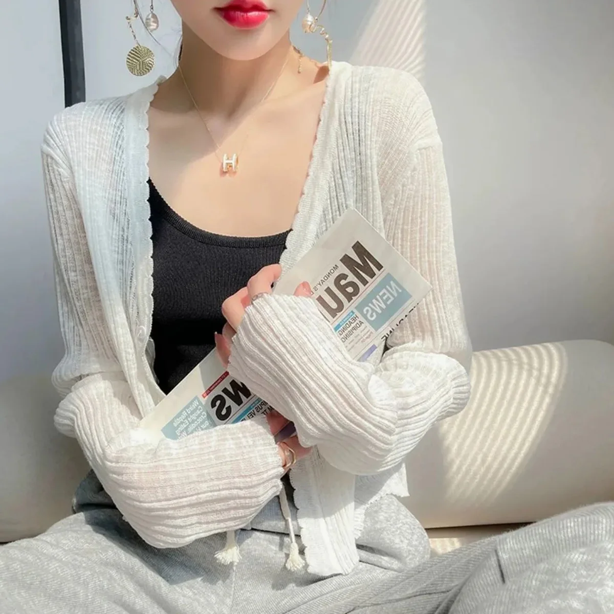 Fashionable Summer Women's Knitted Sun Protection Light Cardigan with Strap Vest Top Thin Style Polyester Fiber Pure Color