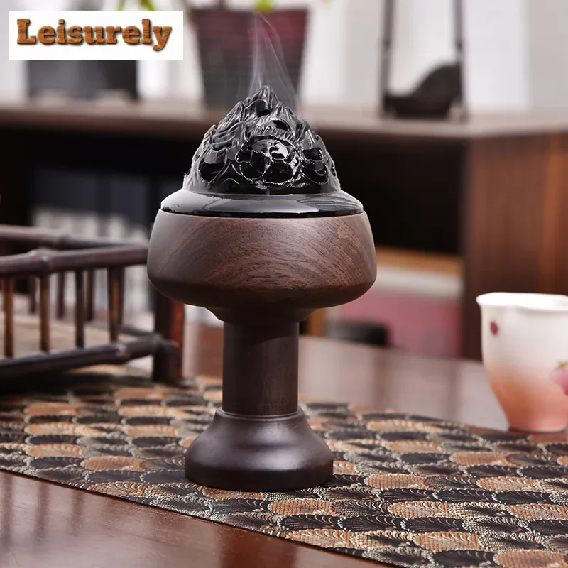 

Antique Black Sandalwood Incense Burner Retro Lotus Lamp Aromatherapy Furnace Indoor High Foot Plate Censer Burner Holder Crafts