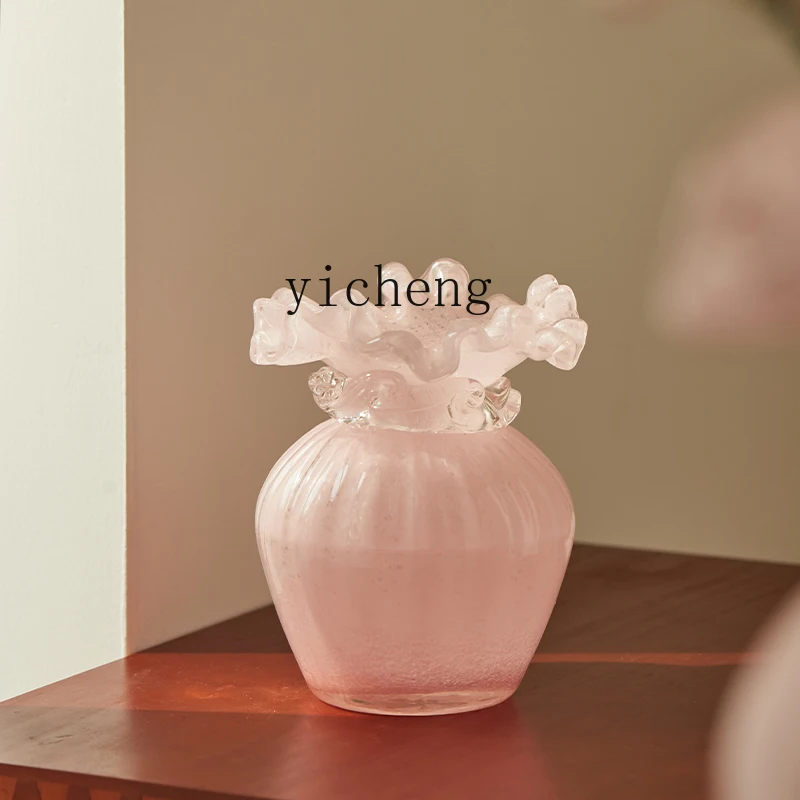 

ZK light luxury medieval Nordic handmade hydroponic decorative flower utensils pink creative glass vase ornament fairy garden
