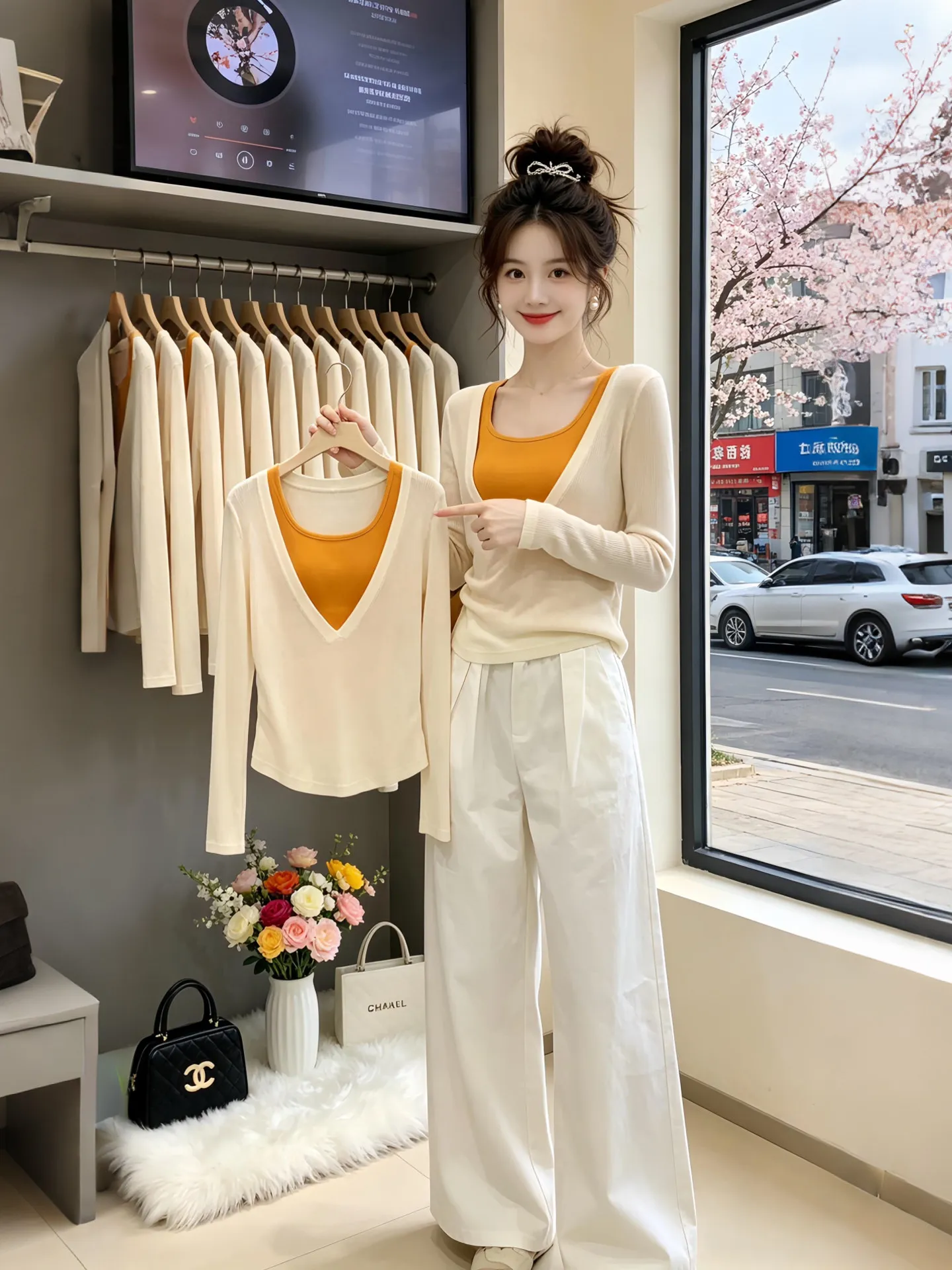

Unique Orange Halter Neck Top And Pure Color Cover up Set Summer Fashion Ensemble Vintage Preppy Style Layering Design