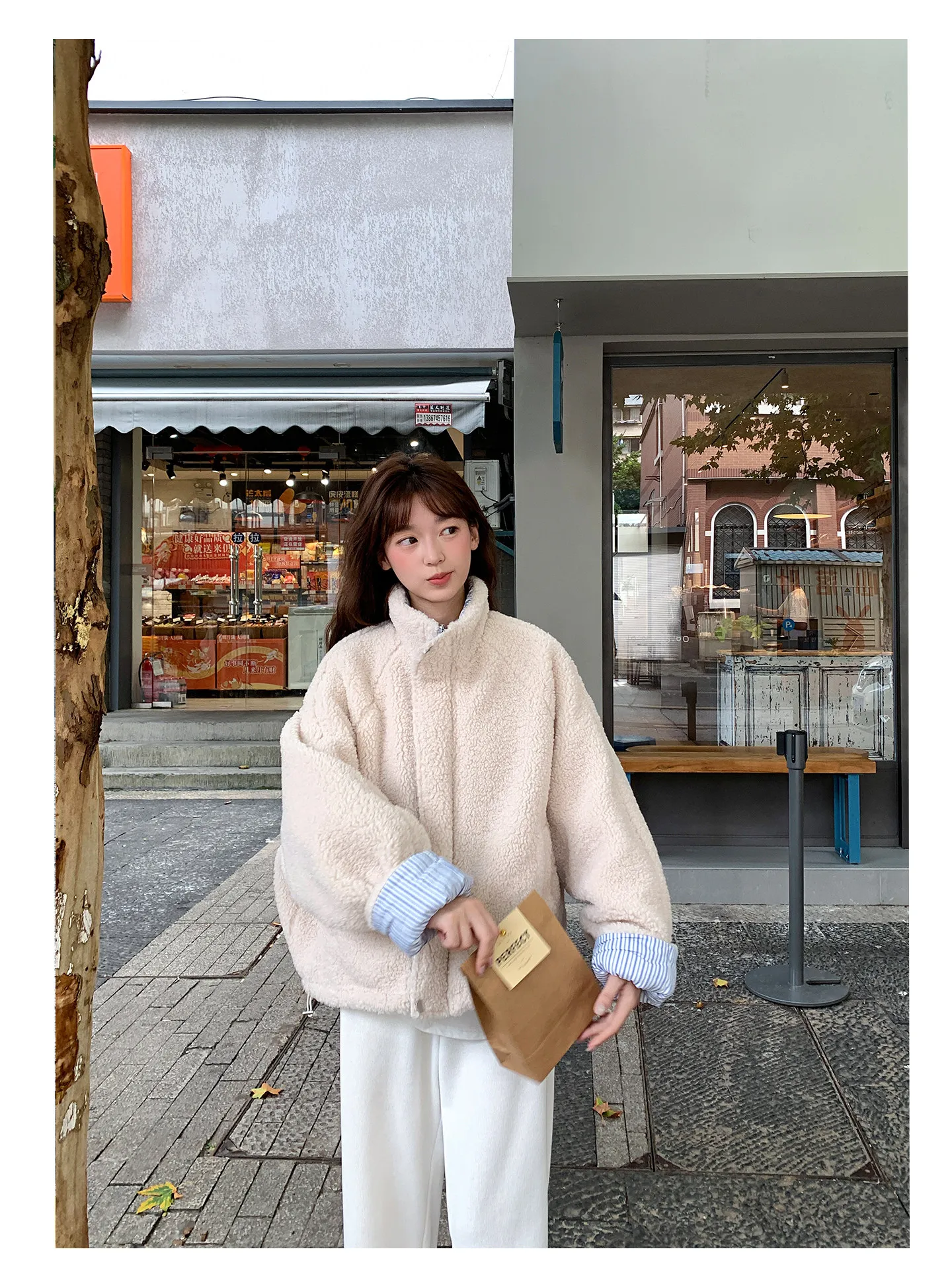 Korean Women's Reversible Striped Jacket Autumn Winter Stand Collar Fleece Lined Padded Coats Woman Loose Casual Plush Jackets