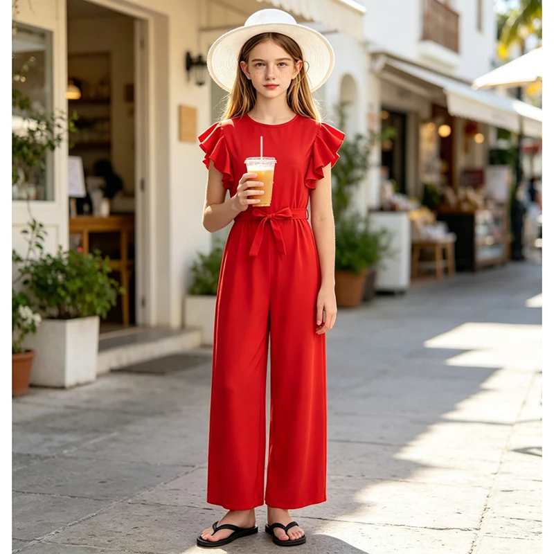 Teen Girls Summer Jumpsuit for 13-16Y, Ruffle Cap Sleeve Wide Leg Romper with Self Tie Belt, Elegant Casual Daily Outfit