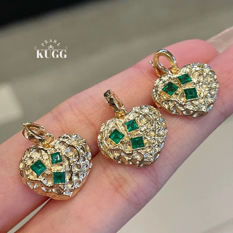 

KUGG 100% 18K Yellow Gold Pendant Luxury Vintage Style Natural Emerald Gemstone Necklace Pendant for Women High Party Jewelry