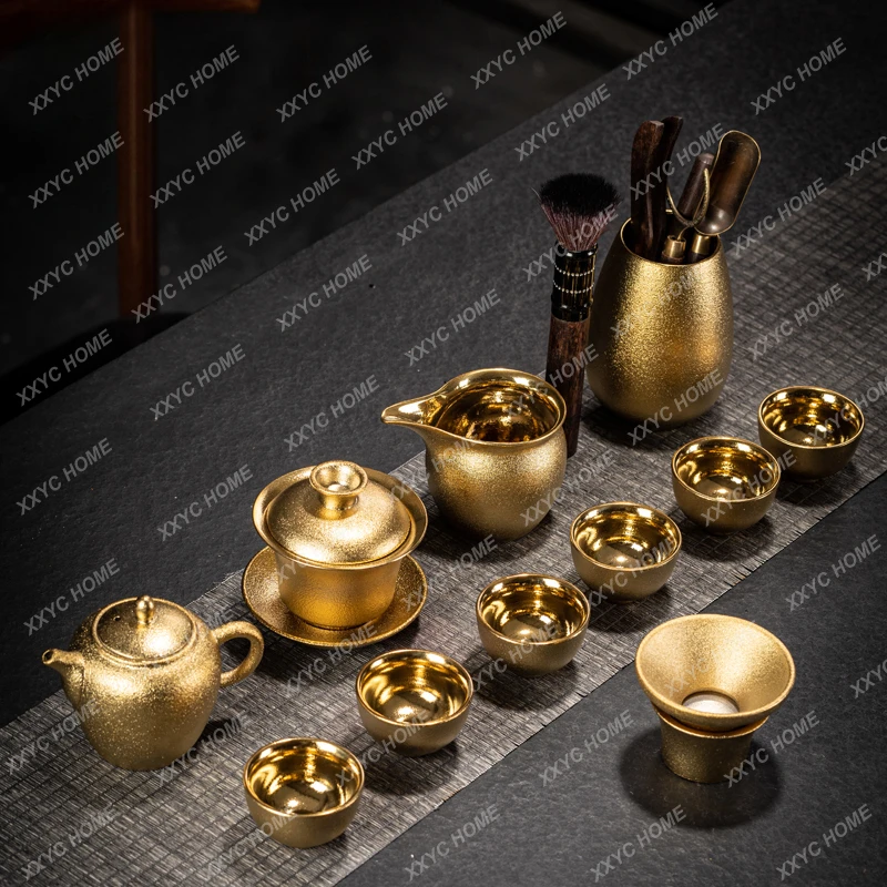 Gilding Kung Fu Tea Set Suit Home Office Teapot Gaiwan Give as Gifts Boxed