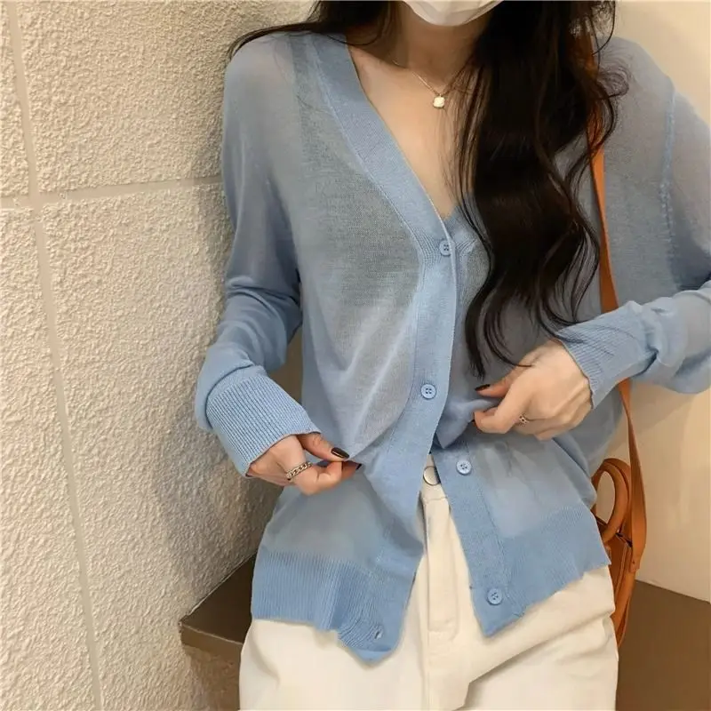 Summer Casual Loose Thin Long Sleeve Coat Women Fashion All-match V-neck Button Cardigan Sexy Transparent Y2k Sunscreen Clothing