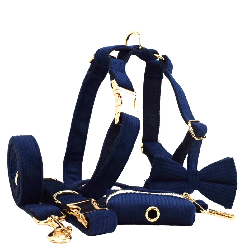 Set de collar y correa para perro en pana con placa grabada_voghion.com