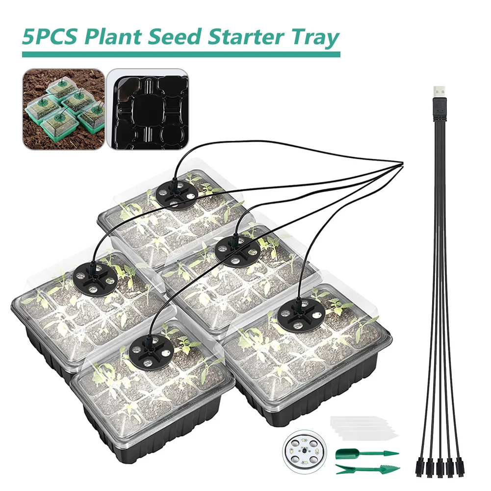 

5pcs Indoor Horticultural Plant Germination Tray With Growth Lamp Humidity Dome Cover Seed Starter Kit