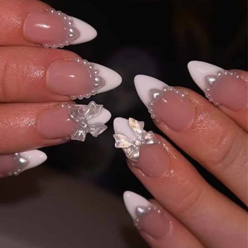 

Aurora 3D Bowknot Heart Pearl White French Nail Art Fashion Wearable False Nails Detachable Finished Fake Nails Press on Nails