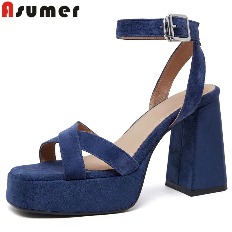 ASUMER 2024 New Kid Sued Leather Summer Women's Sandals Buckle Thick High Heels Shoes Office Ladies Dress Platform Sandals