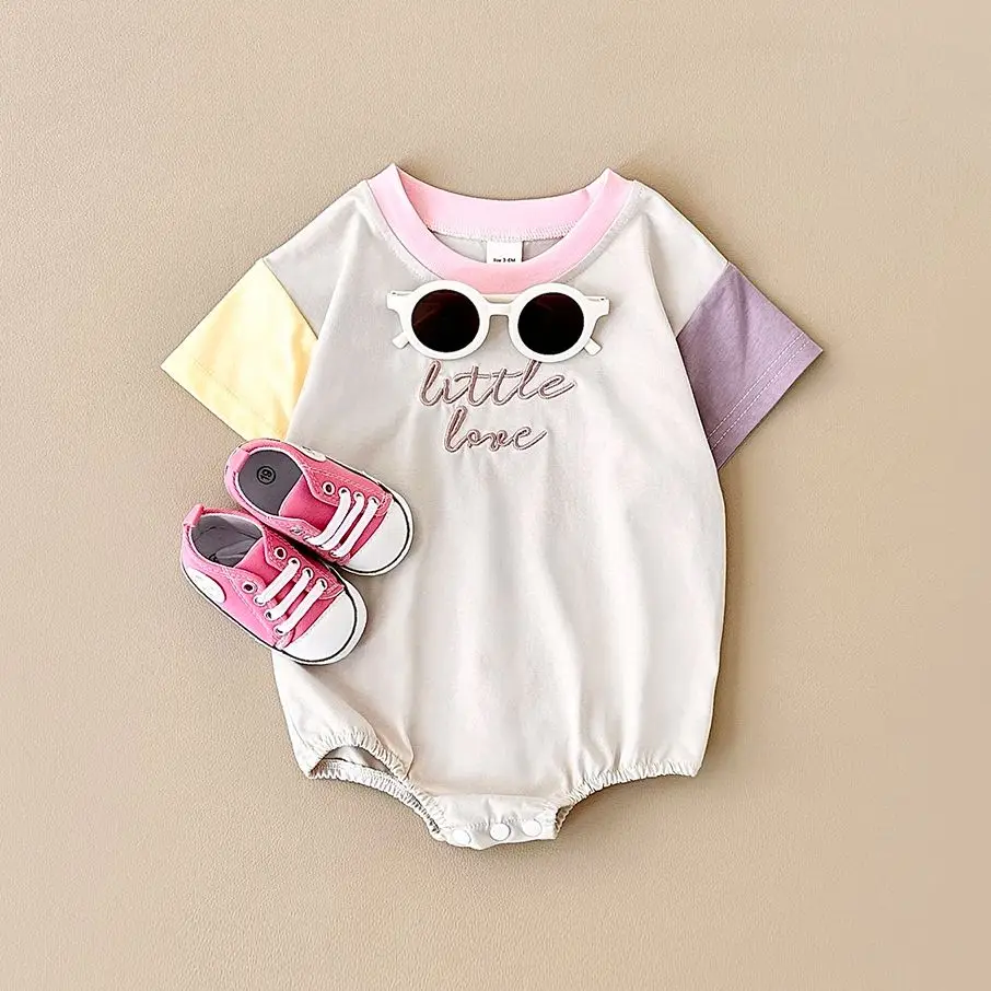 Newborn Baby Girl Romper Casual Letter Embroidery Button Jumpsuit Short Sleeve Infant Clothes Summer Baby Boys Clothes Bodysuit