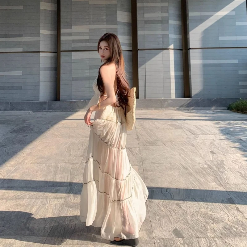 

Women Summer Beach Vacation Outfit Set Pure Sexy V Neck Halter Camisole High Waist Mesh Midi Skirt Two Piece