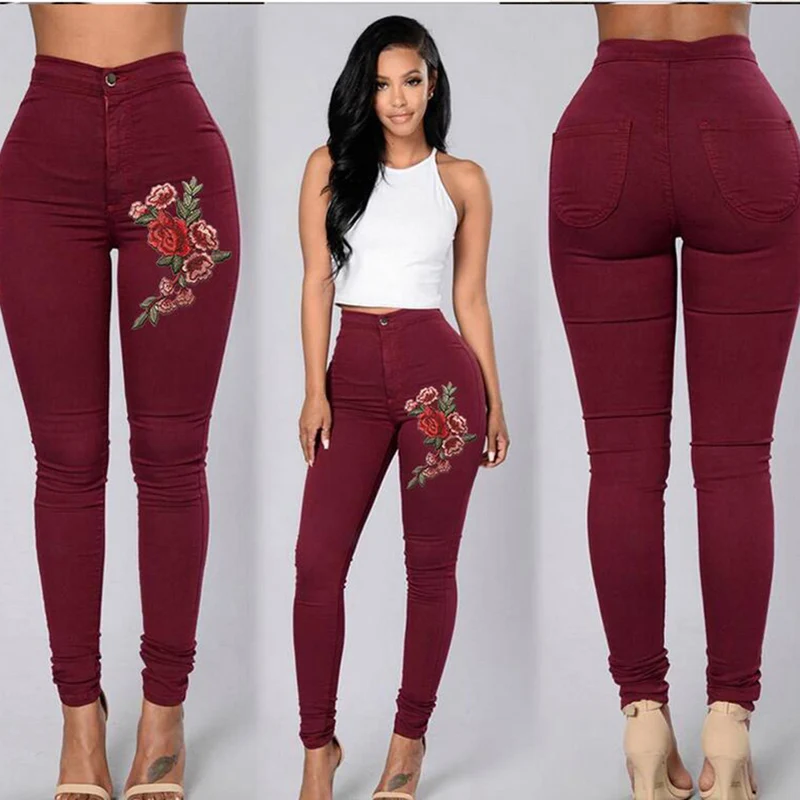 Pantalones de lápiz elásticos de cintura alta para mujer, pantalones de flores bordadas, ajustados, casuales, simples, combinan con todo, primavera y otoño