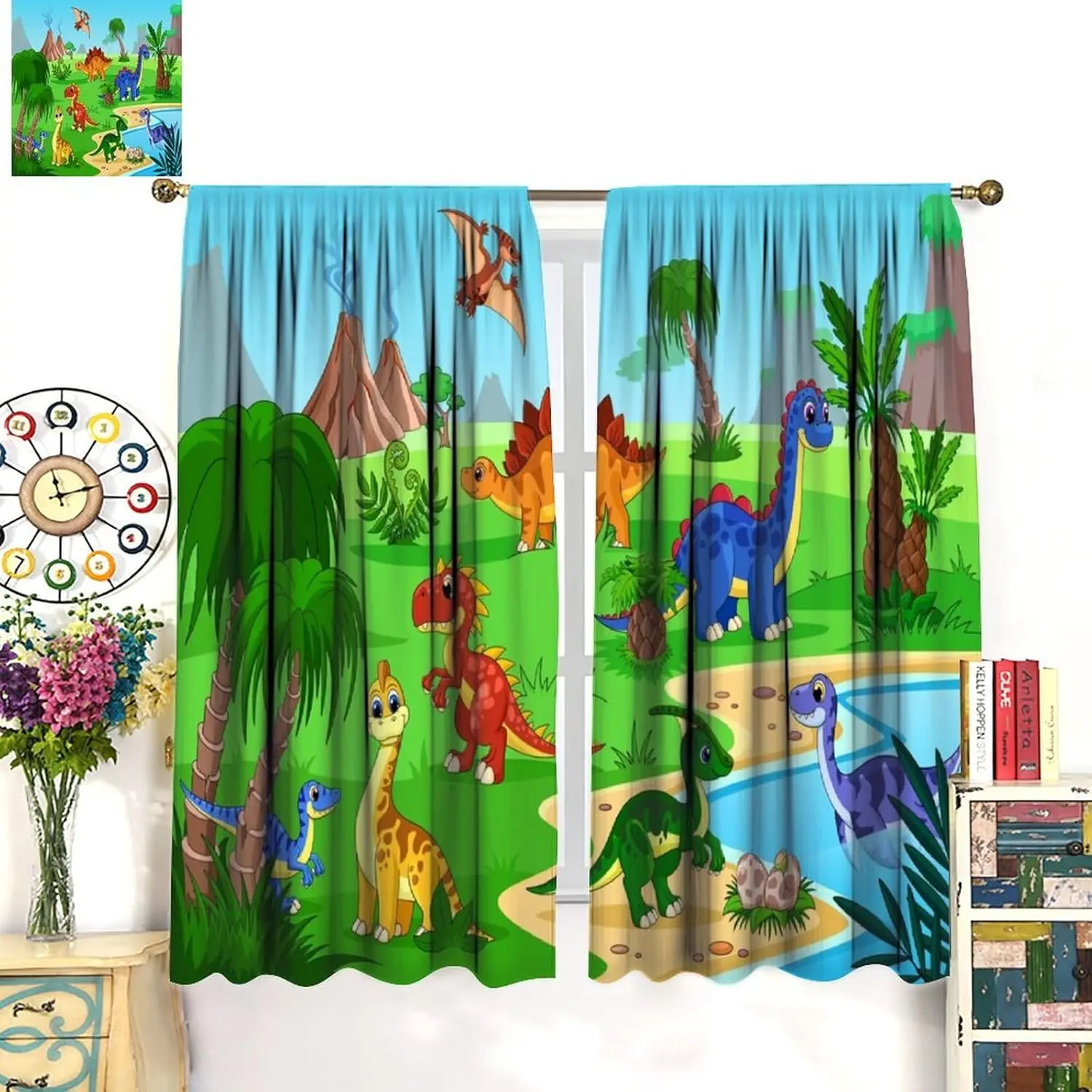 Curtains for Boys Room, Kids Cartoon Dinosaur Window Treatments for Bedroom Cute Funny Colorful Safari Animals Window Drapers