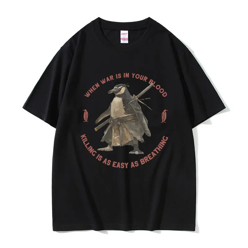 Футболка мужская хлопковая, смешная забавная, с забавным японским пингвином в стиле оверсайз, когда война в вашем убийстве крови, просто дышащая