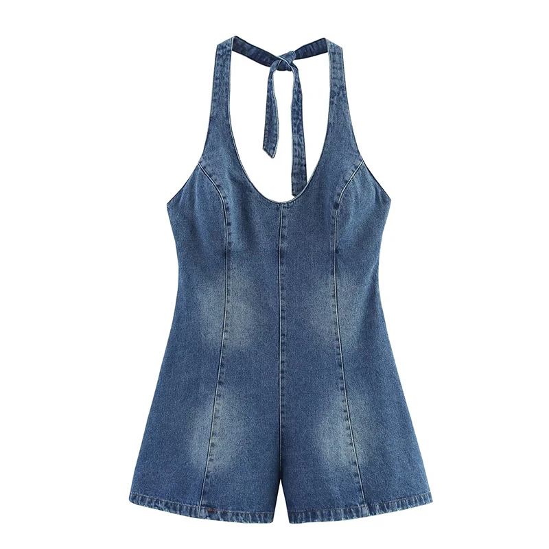 

YENKYE Sexy Backless Halter Denim Jumpsuit Women High Street Summer Romper Short Playsuit
