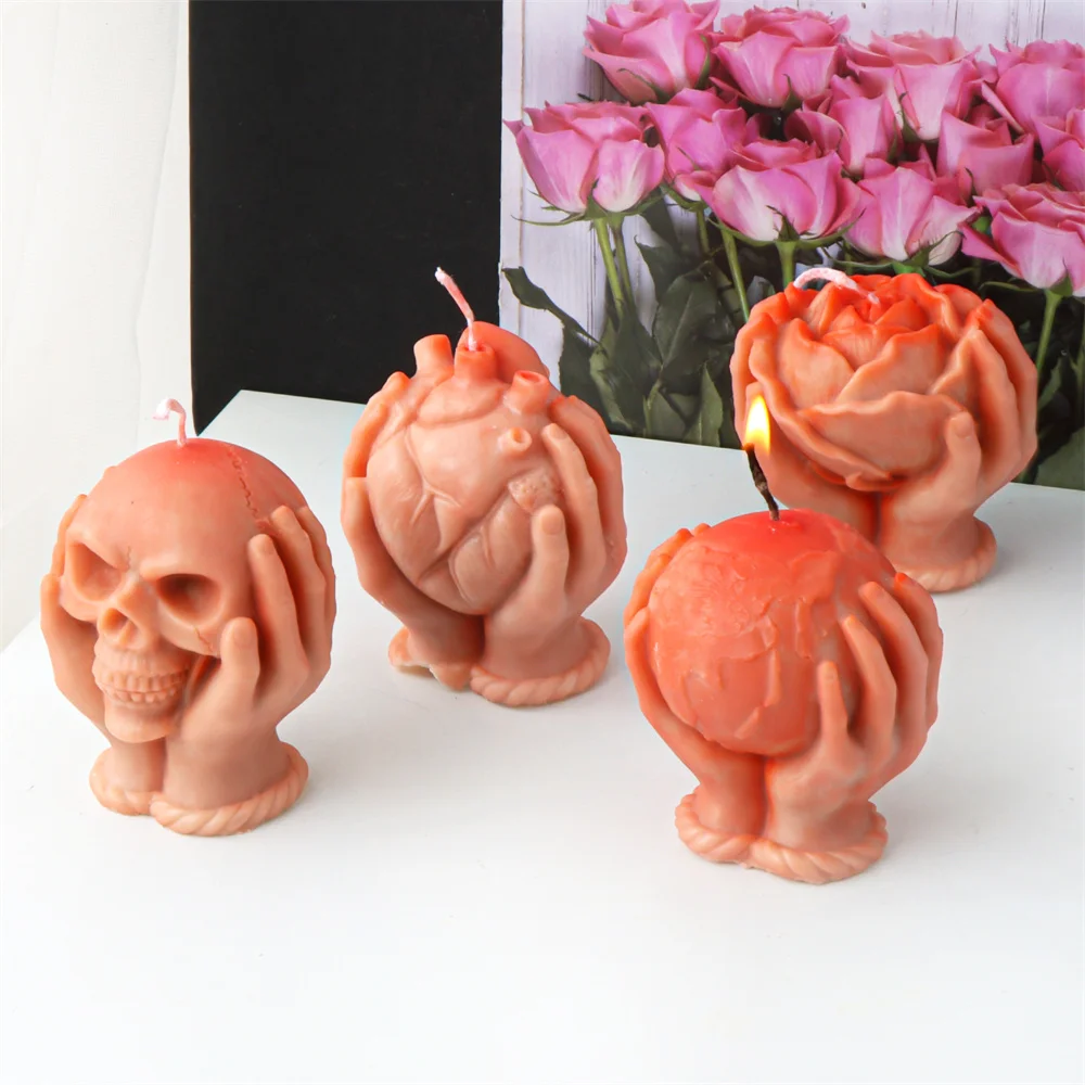 

3D Hand Holding Rose Heart Skull Silicone Mold DIY Heart in Hands Halloween Series Wax Plaster Making Mold Crafts Home Decor