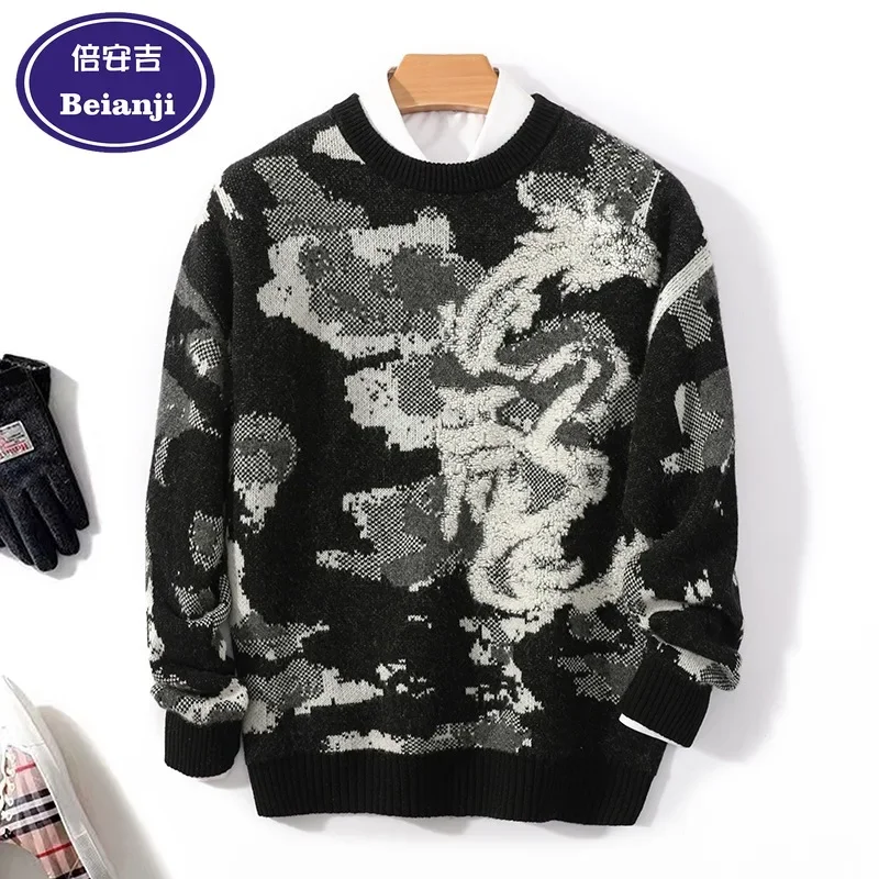 Men's Winter Thicker Towel Embroidery Jacquard 100% Wool Sweater Loose Round Neck Style New Year Long Sleeve Knit Cashmere 2025