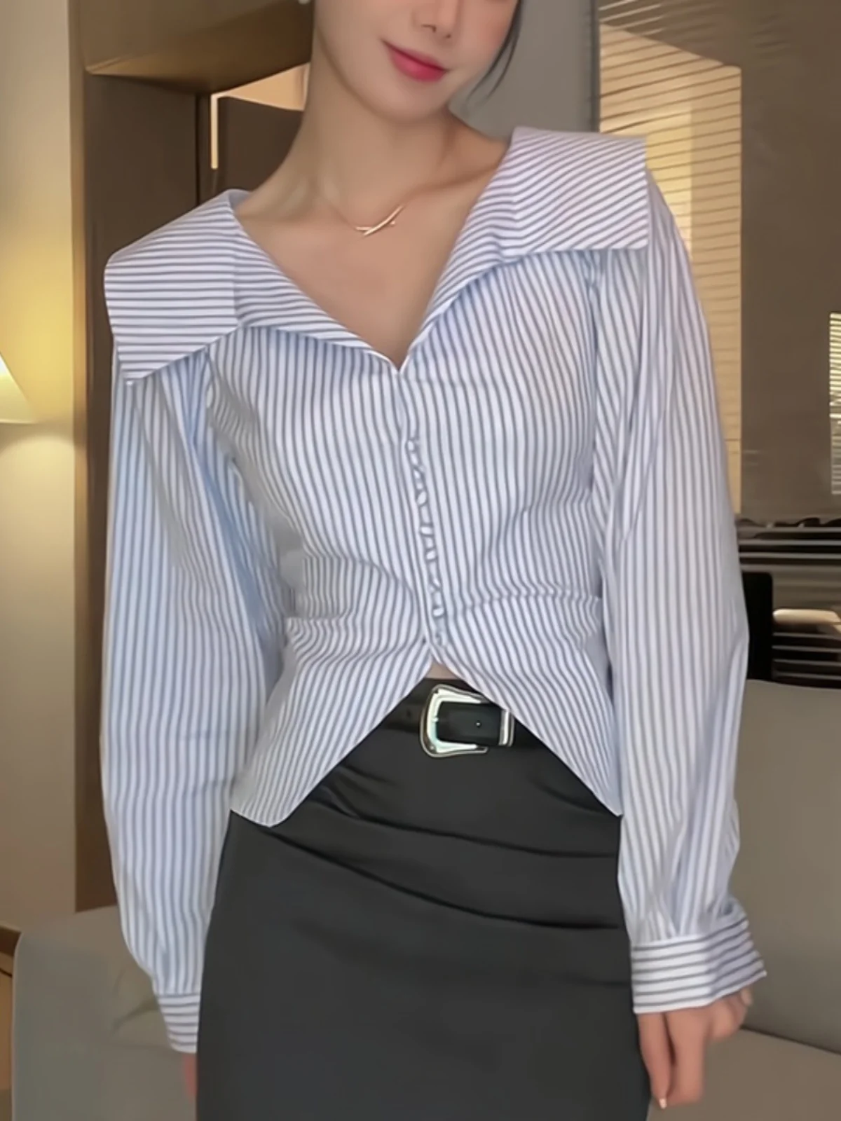 

Gtuq Korean Sle Women's Light Blue Striped f Open Collar Long Sve irt Spring Autumn Season Faion Casual Top