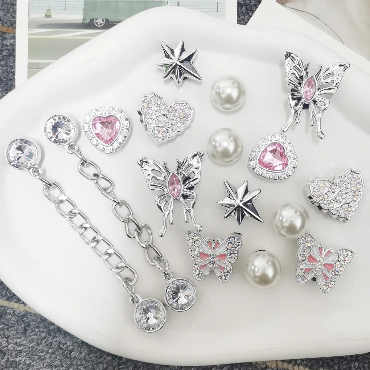 16PCS Butterfly Shoe Charms DIY Chains Accessories Silvery Heart Star Clog Shoes Buckles Decorations Removable Bling Shoe Clips