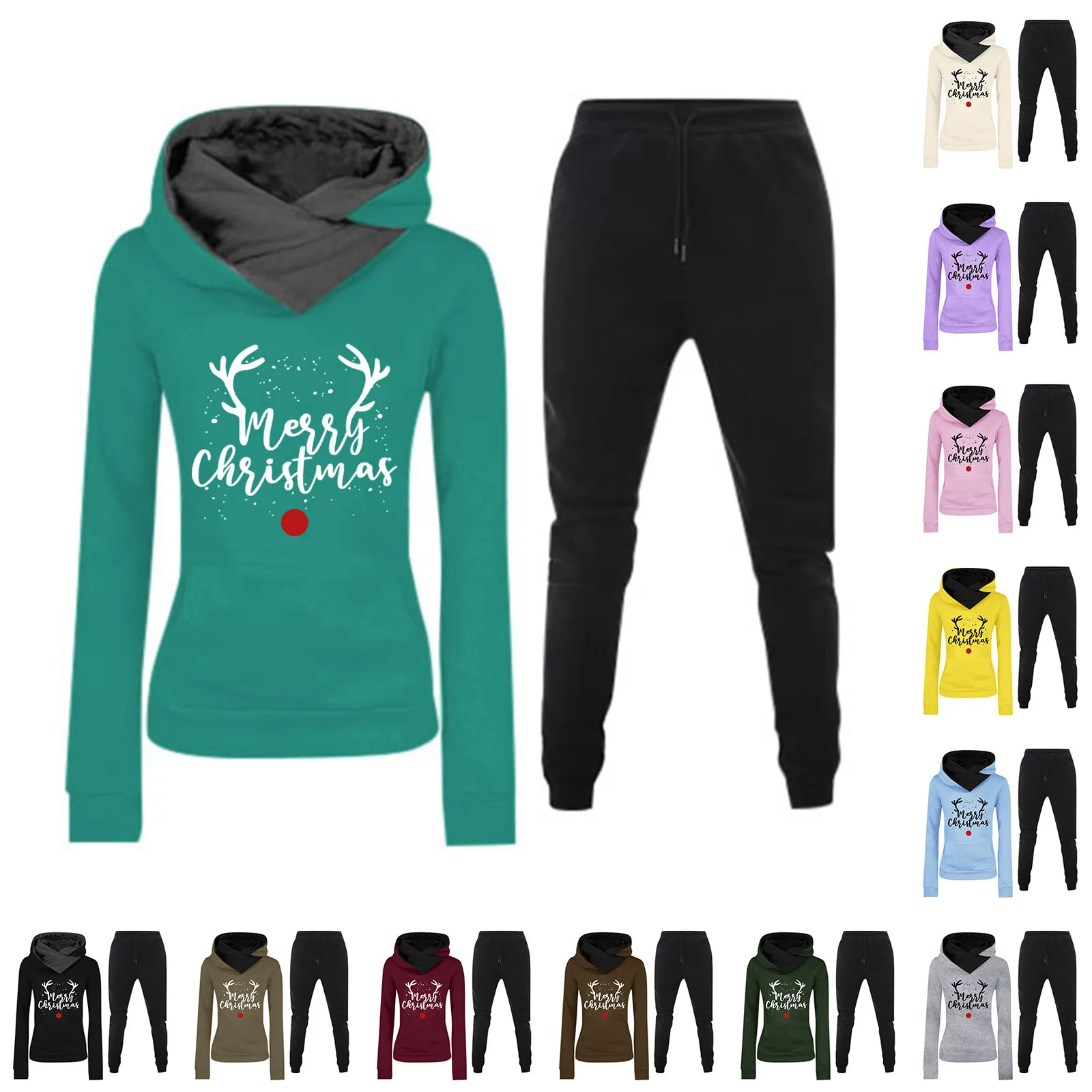 

Ladies' Autumn and Winter Hooded Sweatshirt, Long Sleeved Pullover, Sportswear, Sports Pants Set, Christmas Series, Wine Glasses