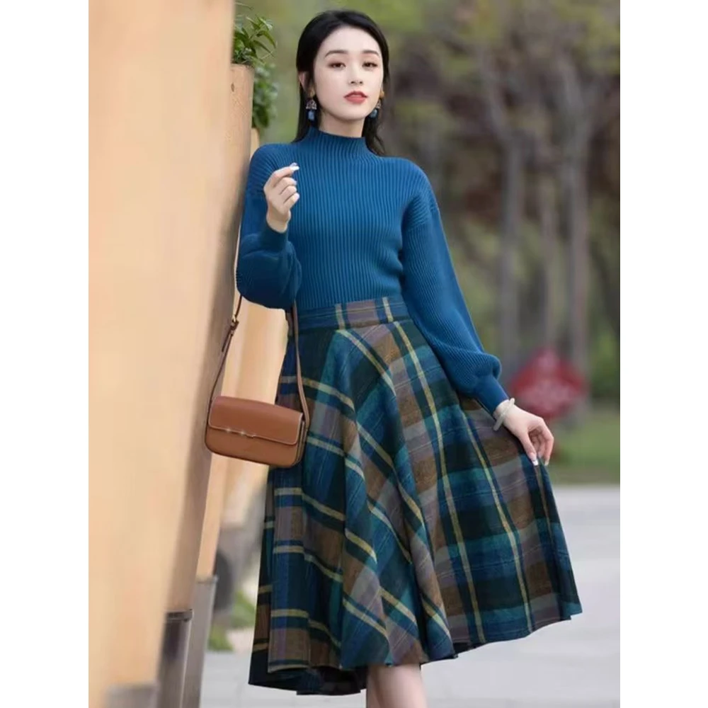 Women\'s Vintage Graceful Autumn Winter Sweater Plaid High Waist Skirts Two Piece Set Lady Solid Knit Tops Midi A-Line Skirt Suit