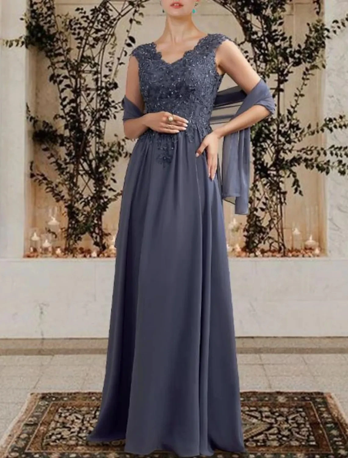 Gray A-Line Mother of the Bride Dress Wrap Included V Neck Beads Floor Length Chiffon Lace Wedding Party Gowns Robe De Soiree