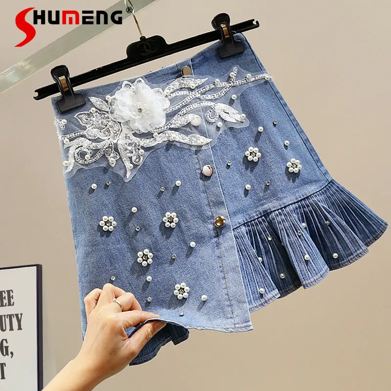 

Heavy Industry Beads Diamond-Embedded Sweet Tridimensional Flower A-line Irregular Denim Skirt High Waist Slimming Pleated Skirt