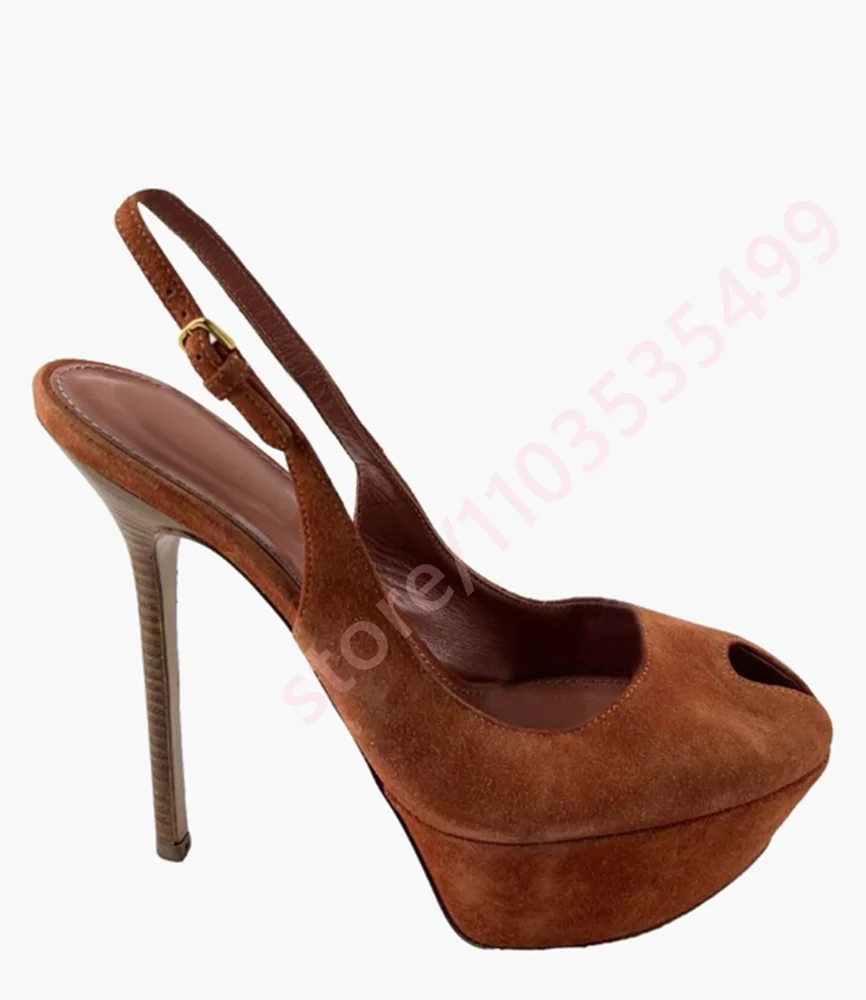 2026 Summer New Brown Anti-Suede Peep Toe Platform Slingback Heels for Women Stiletto Heel Adjustable Buckle Party Pumps