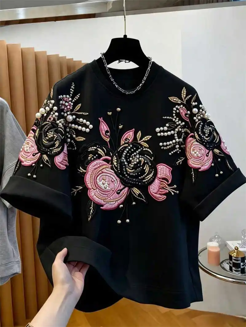 Summer Short Sleeved T-shirt Men Women Blouse Versatile Plus Size 300 Pounds Nail Bead Embroidered Loose Round Neck Casual Top