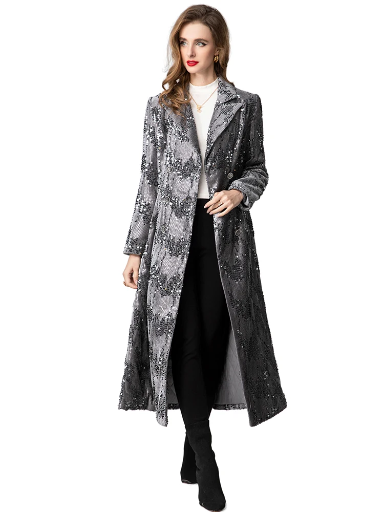 DLDENGHAN Double Breasted Sequins Coat For WomenTurn-Down Collar Long Sleeves Pockets High Street Outerwear Autumn Fashion