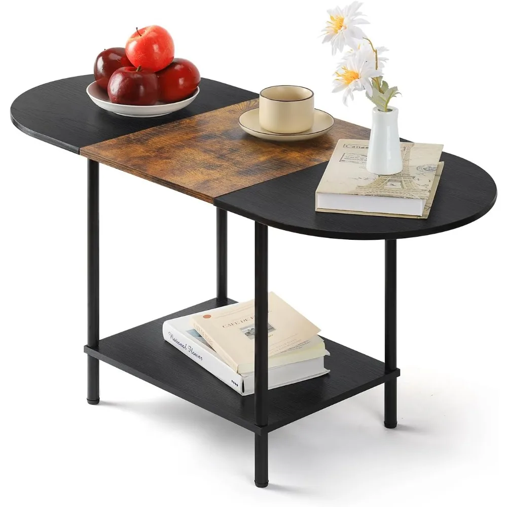 Modern Oval Coffee Table with Storage, 2-Tier Industrial Design for Small Living Spaces, Brown & Black