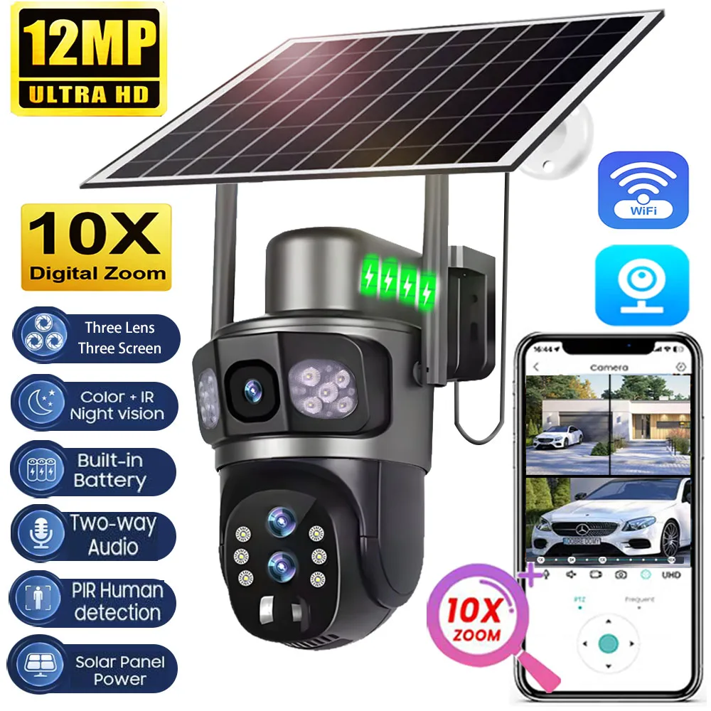 Solar Outdoor Surveillance Camera WiFi 6K Wireless 10X Zoom Three Lens 12MP 360 Cameras Auto Tracking CCTV IP Security Cam V380