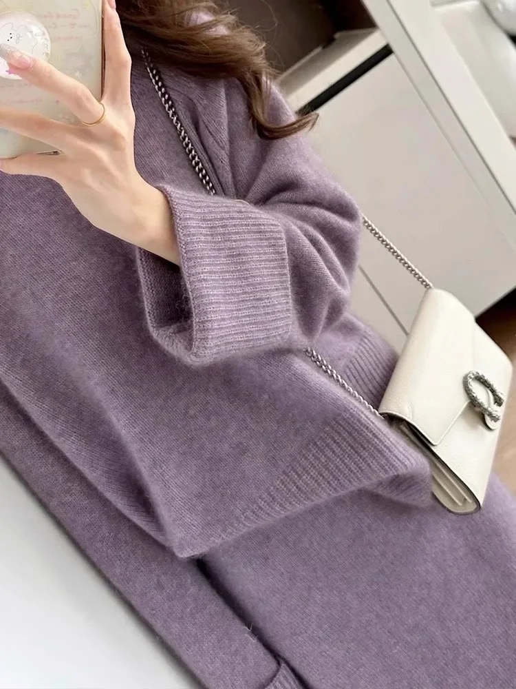 Elegant Purple Knitted Suit Skirt, Women'S Autumn and Winter Socialite Temperament, High-End Sweater Two-Piece Set