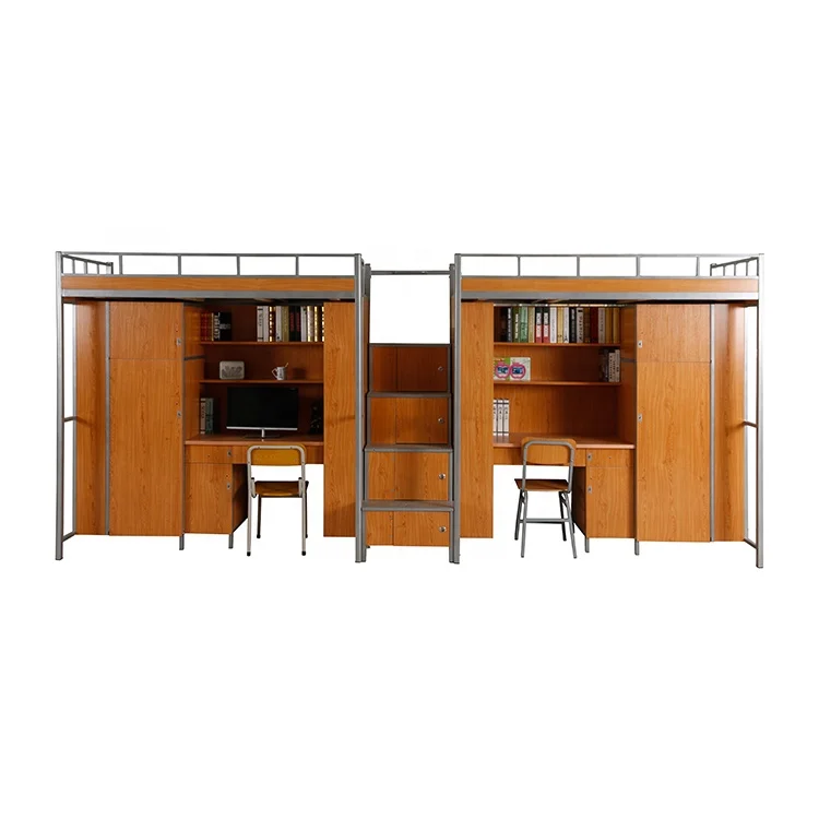

School Dorm Furniture Metal Frame Loft Bunk Bed With Wooden Desk Steel Bunk Bed With Wardrobe And Storage Stairs