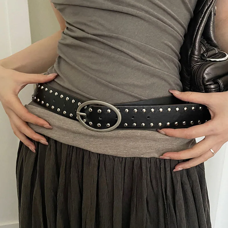 Korean Retro Rivet Belts Metal Circle Pin Buckle PU Girdles Punk Alloy Design Waistbands Ladies Jeans Fashion Accessories