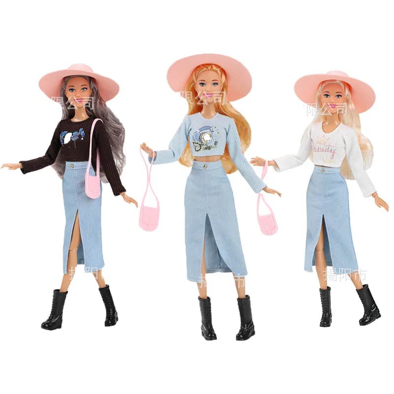 30cm European Fashion Girls Princess Doll Trendy Casual Top + Denim Skirt Set 1/6 BJD Dolls Joints Movable Kids Play House Toy