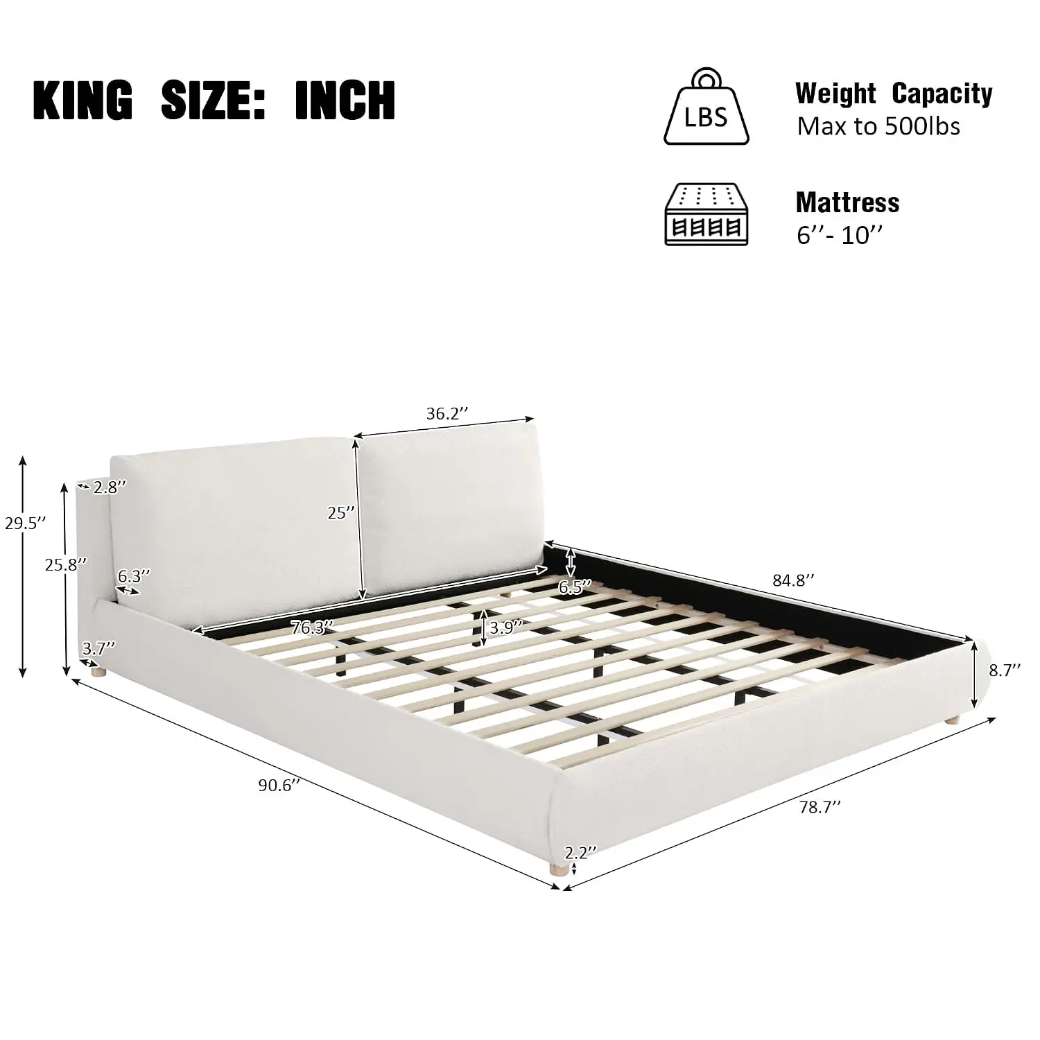 Merax Boucle Platform Bed with 2 Removable Headboard Pillows White, Customized
