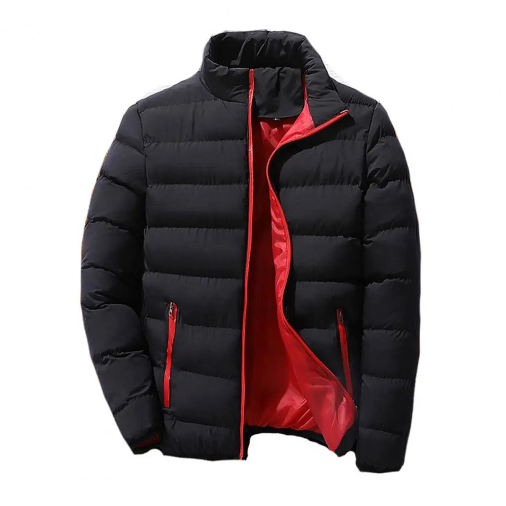 Outdoor Sports Coat Men's Stand Collar Baseball Jacket with Full Zipper Closure Pockets Solid Color Winter Coat for Outdoor