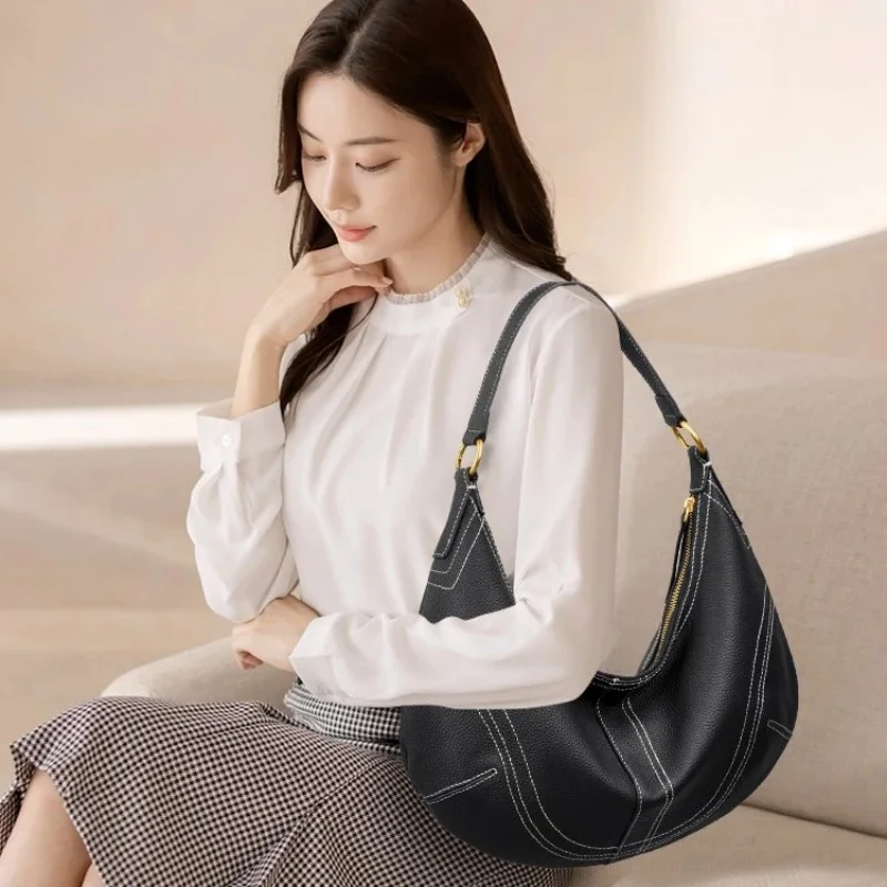 Genuine Leather Women's Bag, Soft Cowhide, Minimalist Shoulder Crossbody Bag, Female Luxury Crescent Hobo Bag, Handbag, Dumpling
