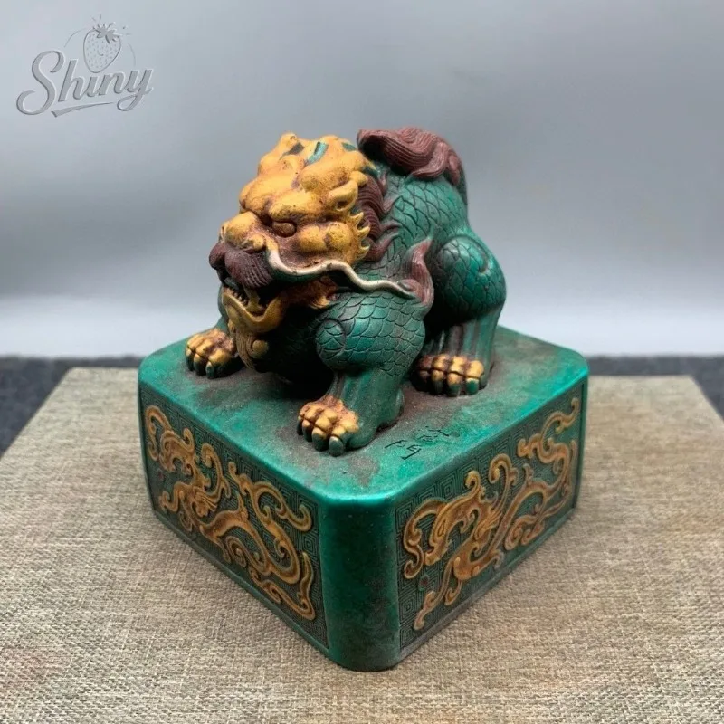 

9.5cm Antique Chinese Dragon Statue Seal Figurine Turquoise Imperial Jade Seal Crafts Home Decoration Accessories