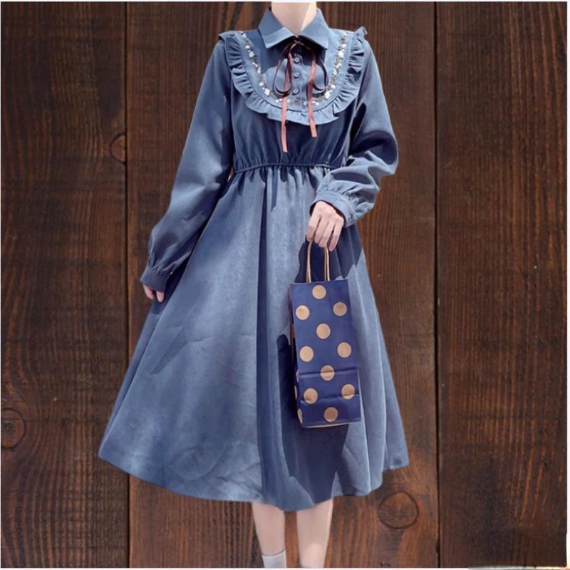 

Girls Long Dress Autumn Winter Basic Wear Retro Vintage Japan Style Doll Neck Cute Sweet Ribbon Bow Tie Corduroy Dress ZT39