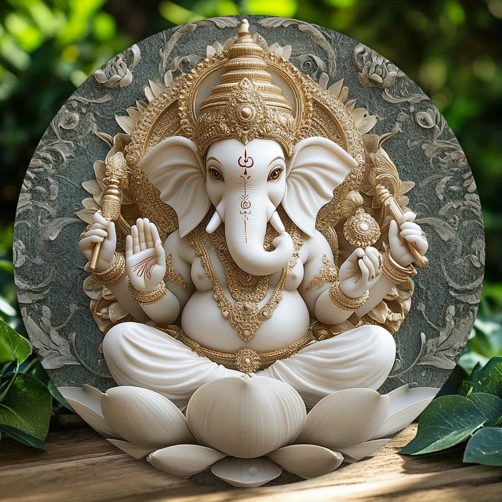 

2D Flat Print, Round Metal Aluminum Decoratet Signage, Ganesha Themed, for Home Office Decor, Party Decor, Holiday Gifts, 8x8 In