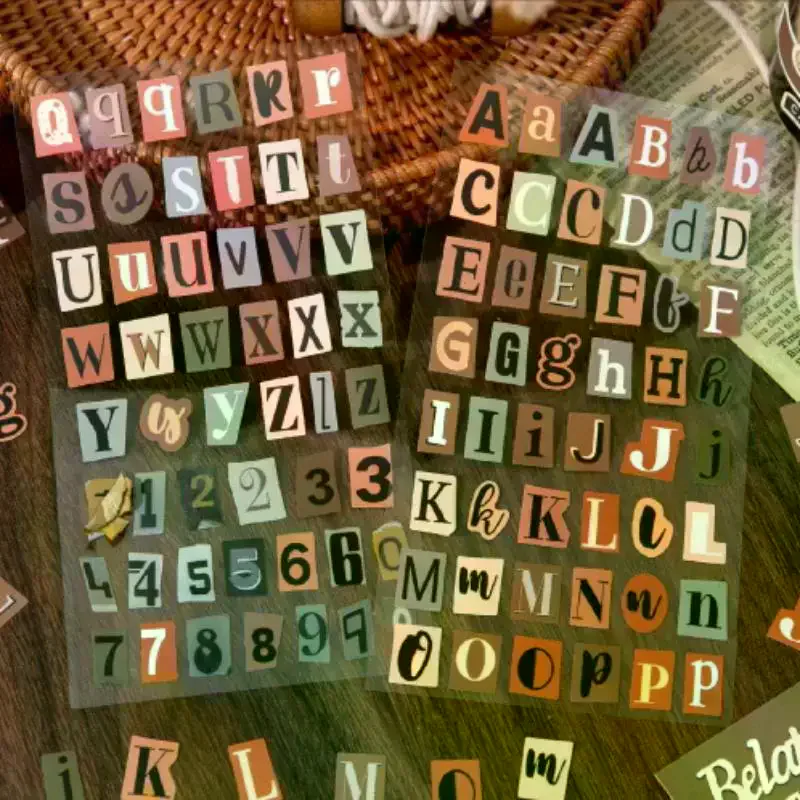 2 Sheets Vintage Scrapbook Aesthetic Journaling Supplies Kit English Alphabet Number Symbol Stickers Retro Letter Decals