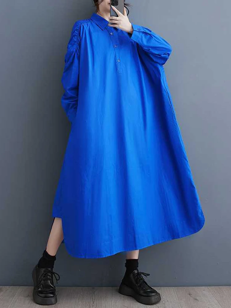 SHENGPALAE Fashion Women Oversize Dress A Line Elegant Turn-down Collar Long Sleeves Back Hollow Out Dresses 2025 New 5G656