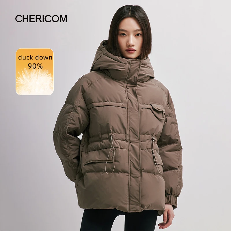 Chericom medium and long thickened hooded down jacket women's 2024 winter drawstring design slim and thin solid color coat