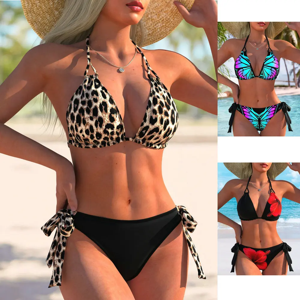 

Сексуальный комплект бикини с 3D-принтом леопарда, треугольный крой, с завязками на шее, пуш-ап, с вырезами, бандажный, стринги, купальник для отпуска