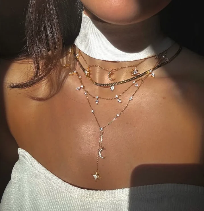 2026 New Moon Star Chain Pendant Necklace Long Chain  Micro Paved 5A CZ Fashion Jewelry For Women Wedding Gift