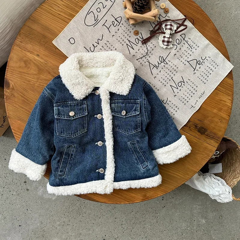 

Girls Coat 2024 Winter New Childrens Wear Korean Style Baby Girl Lamb Wool Thickened Soft Denim Coat Casual Simple Daily