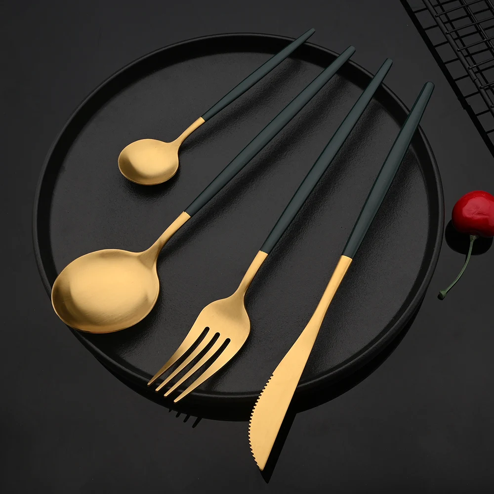 4Pcs black Gold Matte Cutlery Set Stainless Steel Dinnerware Silverware Flatware Set Home Knife Fork Spoon Picnic Tableware Set