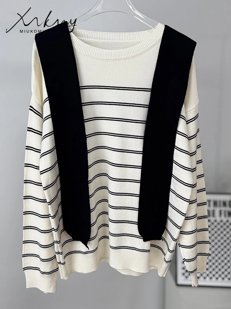 Oversized Striped Sweaters For Women Autumn 2 Sets Sailor Collar Coffee Pullovers Ladies White Jumpers O Neck Warm Sweaters Blue view 5
